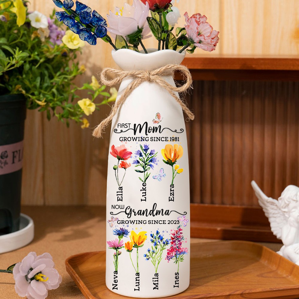 First Mom Now Grandma Personalized Birth Month Flower Vase With Kids Name For Mother's Day Gift