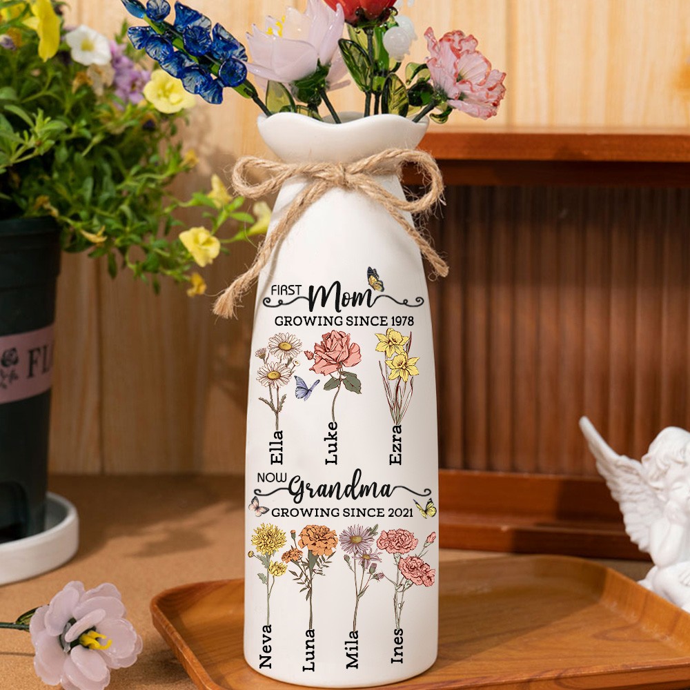 First Mom Now Grandma Personalized Birth Month Flower Vase With Kids Name For Mother's Day Gift