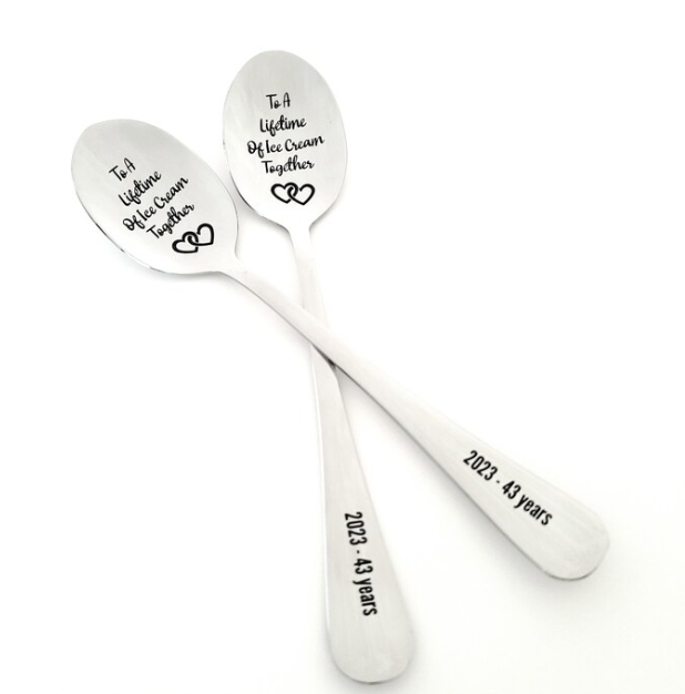 To A Lifetime of Ice Cream Together Spoon Set - Anniversary Gift for Couples - Connected Hearts Spoons/Wedding Gifts under 50 -  Valentine's Day Gift