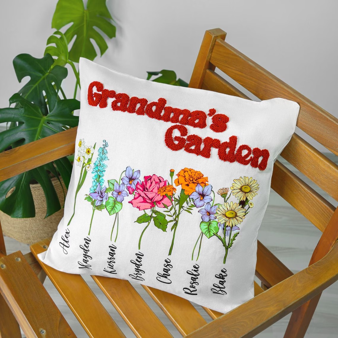 Personalized Grandma's Garden Birth Flower Punch Needle Pillow With Names For Mom Grandma Mother's Day Gift