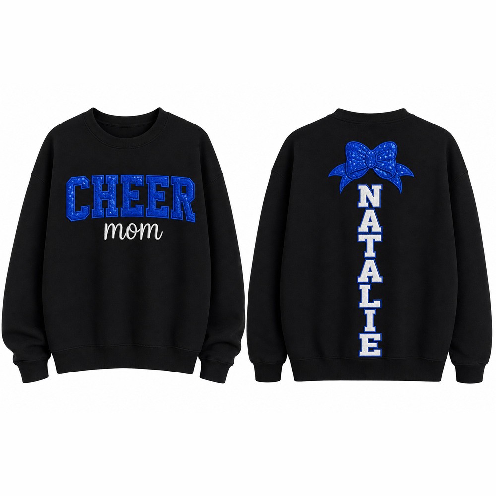 Custom Embroidered Sequin Cheer Mom Sweatshirt Personalized Name & Bow Cheer Team Spirit | Cheer Mom Gift