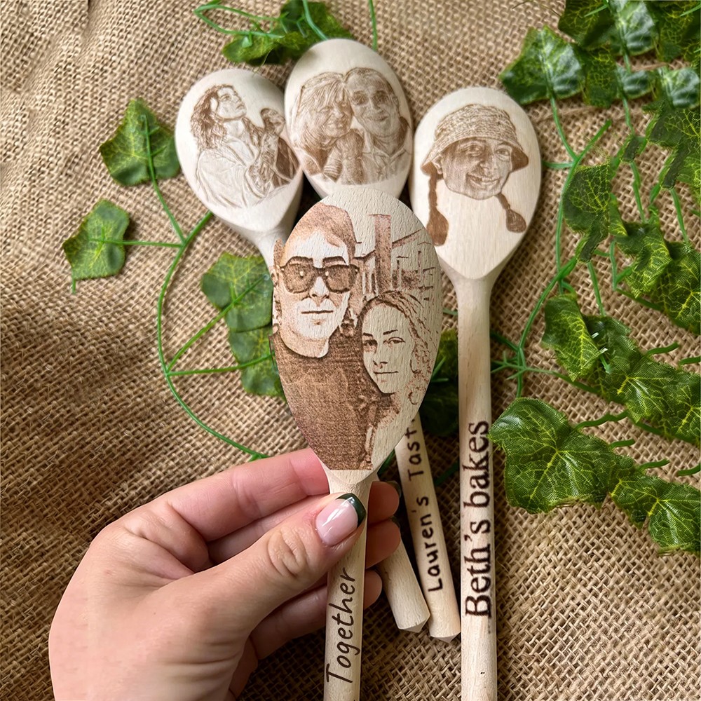 Custom Wooden Spoons with Carved couple Name and Faces — Fun & Unique Gift