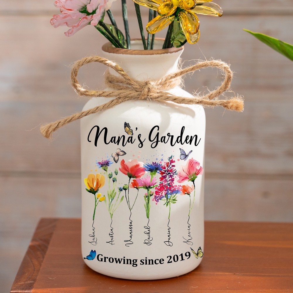 Custom Nana's Garden Birth Month Flower Vase With Grandchildren Name For Mother's Day Gift