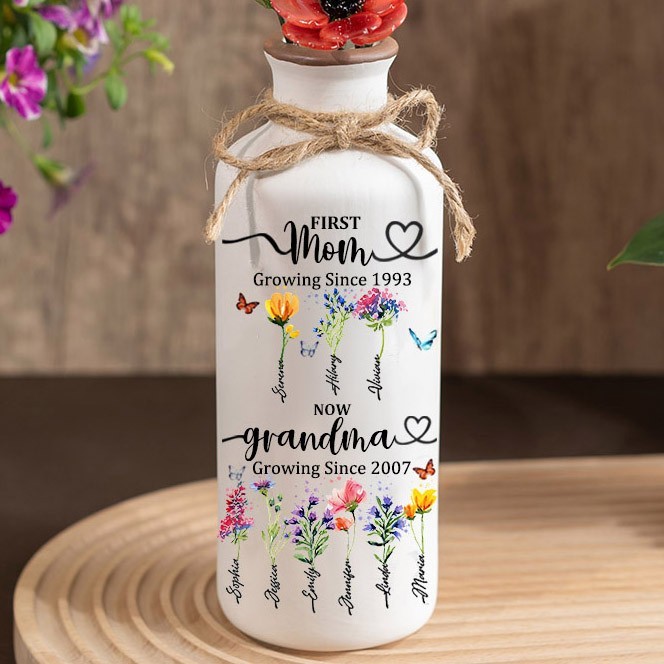 Custom Family Garden Birth Flower Vase With Grandchildren Name For Mother's Day Gift