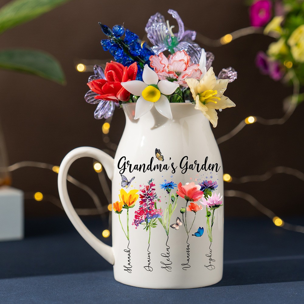 Personalized Grandma's Garden Birth Month Flower Vase With Grandkids Name For Mother's Day Mom Gift Ideas