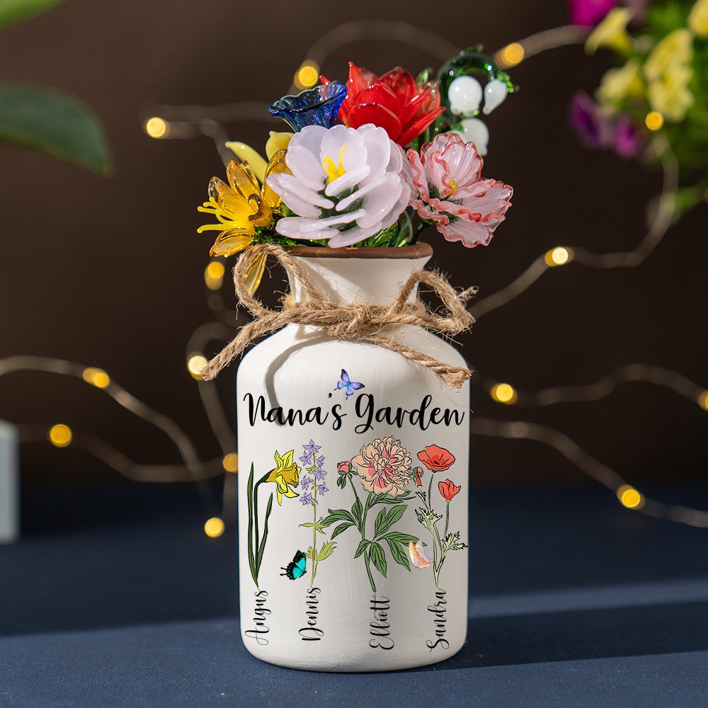 Custom Nana's Garden Birth Month Flower Vase With Grandchildren Name For Mother's Day Gift
