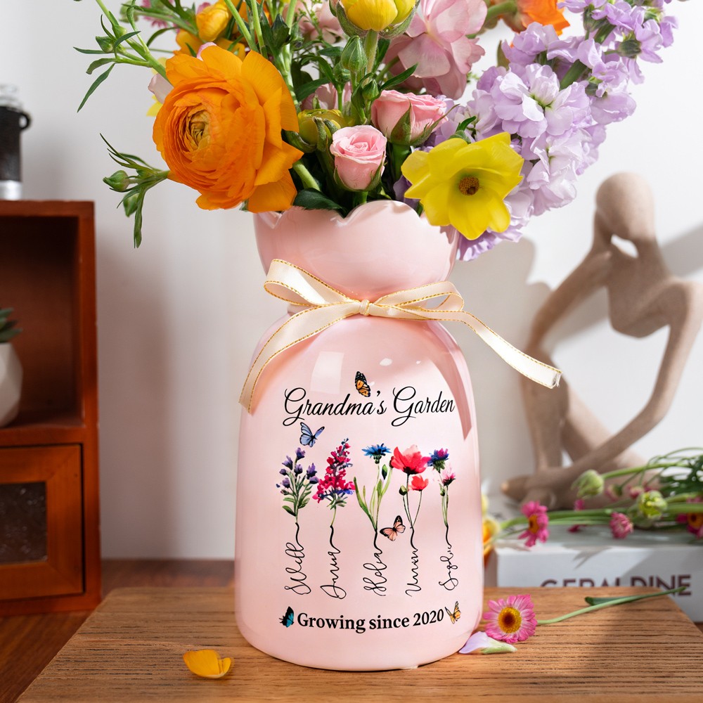 Custom Grandma's Garden Birth Month Flower Vase With Grandchildren Name For Mother's Day Gift