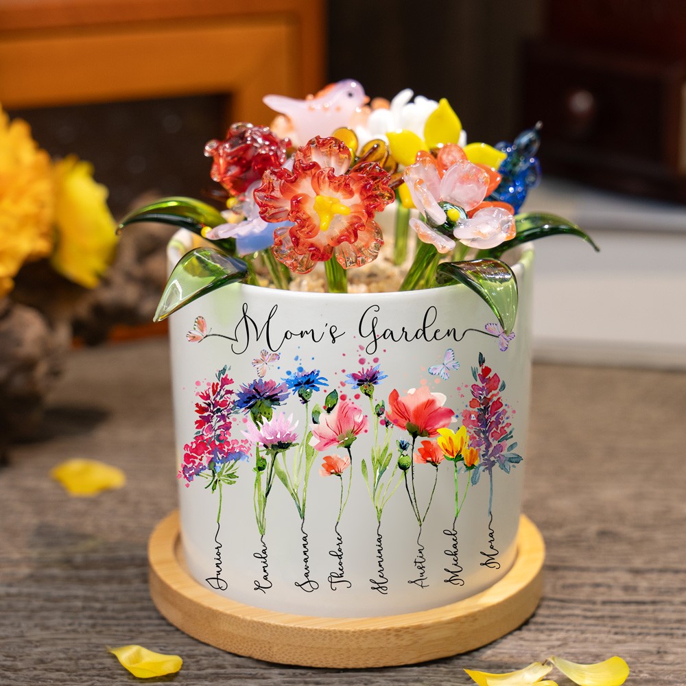 Custom Mom's Garden Birth Flower Pot with Mini Glass Flower Spring Decoration Mother's Day Gift