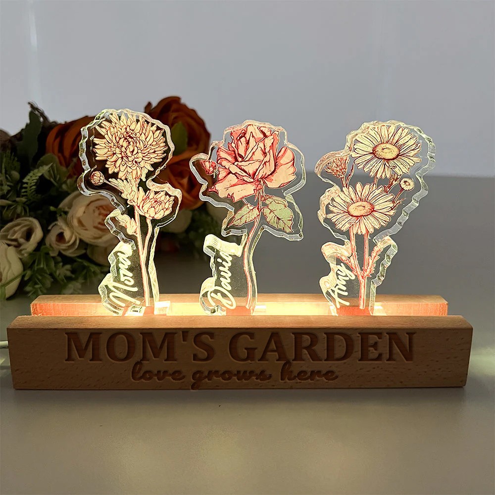 Personalized Mom's Garden Birth Flower 3D Crystal Acrylic LED Light With Children's Names For Mother's Day Gift