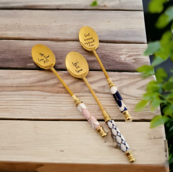  Engraved Coffee  Spoon  For Couple Valentine's Day Gift- Custom Tea Spoon - Gold Tea Spoon - Ceramic Handle Coffee Spoon - Petite Stainless Steel spoon