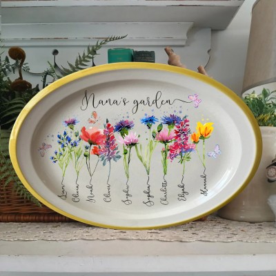 Personalized Nana's Garden Birth Month Flower Platter With Grandkids Name For Christmas Gift