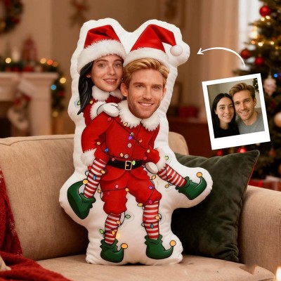 Personalized Couple Face Photo Pillow Custom Newlyweds Funny Elf Santa Claus Body Cushion First Christmas Pillow for Boyfriend Girlfriend Husband Wife