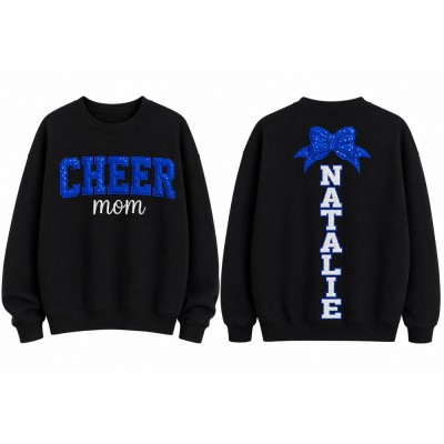 Custom Embroidered Sequin Cheer Mom Sweatshirt Personalized Name & Bow Cheer Team Spirit | Cheer Mom Gift