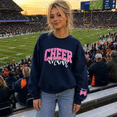 Custom Embroidered Glitter Cheer Mom Sweatshirt Personalized Name & Bow Cheer Team Spirit | Cheer Mom Gift