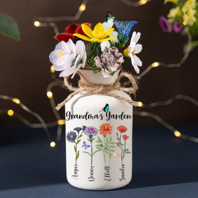 Custom Grandma's Garden Birth Month Flower Vase With Grandchildren Name For Mother's Day Gift