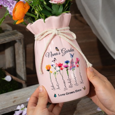 Custom Nanas Garden Birth Month Flower Vase With Grandchildren Name For Mother's Day Gift