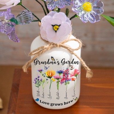 Custom Grandma's Garden Birth Month Flower Vase With Grandchildren Name For Mother's Day Gift