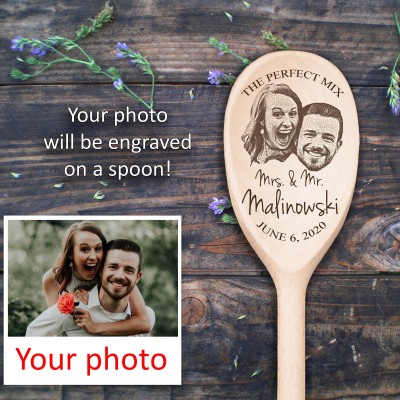 Your Photo on Wood Spoon Perfect Mix Couple Wedding Gift Bridal Shower Favor Personalized Name Date 5th Anniversary，Valentine's Day-Gift For couples