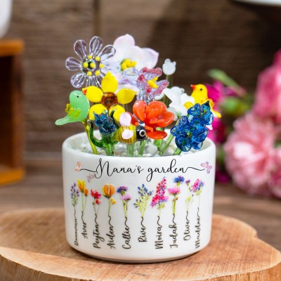 Custom Nana's Garden Birth Flower Pot with Mini Glass Flower Spring Decoration Mother's Day Gift