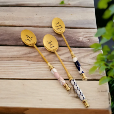  Engraved Coffee  Spoon  For Couple Valentine's Day Gift- Custom Tea Spoon - Gold Tea Spoon - Ceramic Handle Coffee Spoon - Petite Stainless Steel spoon
