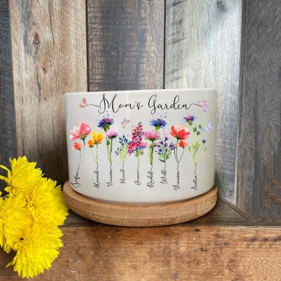 Personalized Mom's Garden Birth Flower Pot With Grandkids Name For Mother's Day Gift Ideas