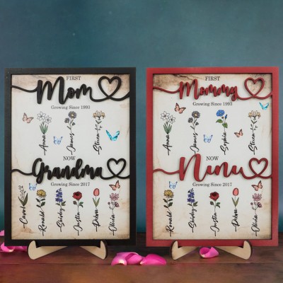 First Mom Now Grandma Personalized Birth Flower Wood Sign For Mother's Day Gift Ideas