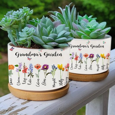 Personalized Grandma's Garden Birth Flower Pot With Kids Name For Mother's Day Gift