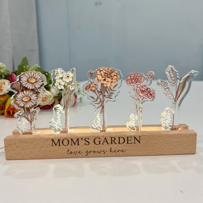 Personalized Mom's Garden Birth Flower 3D Crystal Acrylic LED Light With Children's Names For Mother's Day Gift