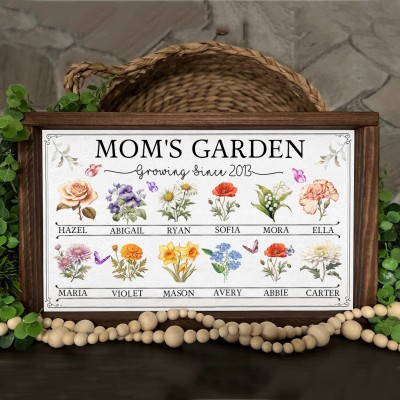 Personalized Mom's Garden Framed Birth Month Flowers Sign With Kids Name For Mother's Day Gift