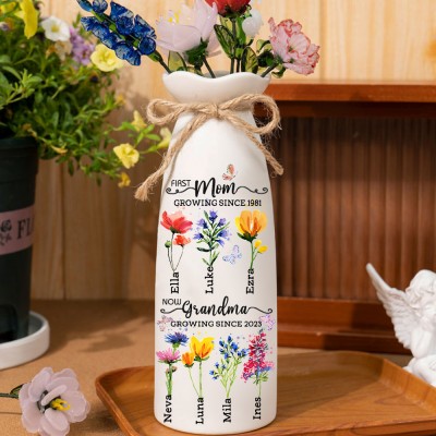 First Mom Now Grandma Personalized Birth Month Flower Vase With Kids Name For Mother's Day Gift