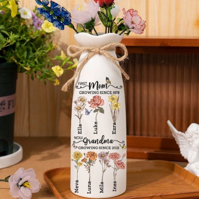 First Mom Now Grandma Personalized Birth Month Flower Vase With Kids Name For Mother's Day Gift