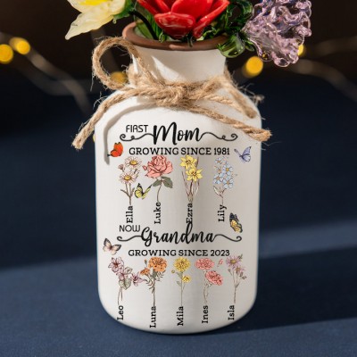 First Mom Now Grandma Personalized Birth Month Flower Vase With Kids Name For Mother's Day Gift