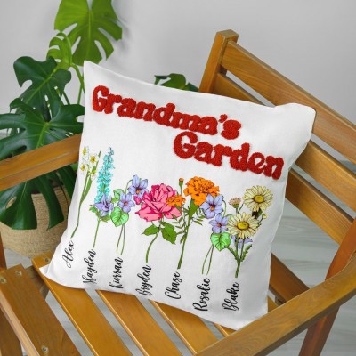 Personalized Grandma's Garden Birth Flower Punch Needle Pillow With Names For Mom Grandma Mother's Day Gift