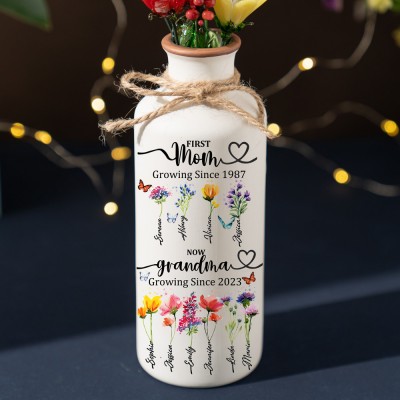 First Mom Now Grandma Personalized Birth Flower Vase For Mother's Day Gift Ideas