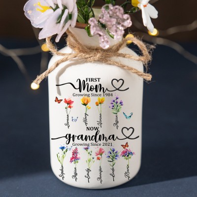 First Mom Now Grandma Personalized Birth Month Flower Vase With Kids Name For Mother's Day Gift