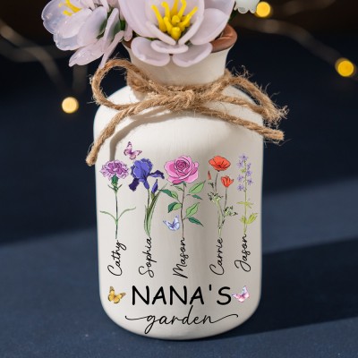 Custom Nana's Garden Birth Month Flower Vase With Grandchildren Name For Mother's Day Gift