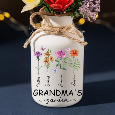 Custom Grandma's Garden Birth Month Flower Vase With Grandchildren Name For Mother's Day Gift
