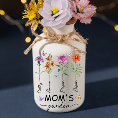 Custom Mom's Garden Birth Month Flower Vase With Kids Name For Mother's Day Gift