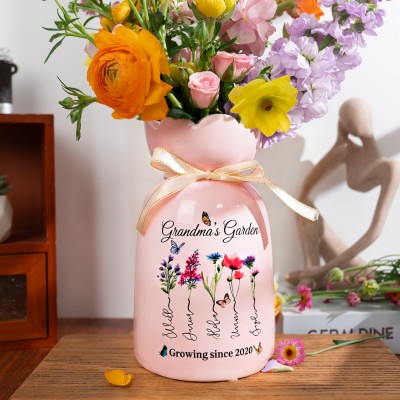 Custom Grandma's Garden Birth Month Flower Vase With Grandchildren Name For Mother's Day Gift
