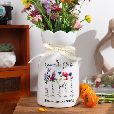 Custom Grandma's Garden Birth Month Flower Vase With Grandchildren Name For Mother's Day Gift