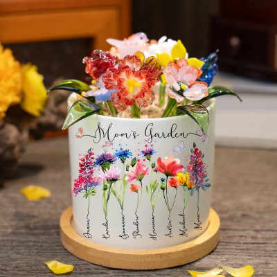 Custom Mom's Garden Birth Flower Pot with Mini Glass Flower Spring Decoration Mother's Day Gift
