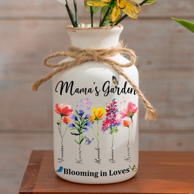 Personalized Mom's Garden Birth Month Flower Vase With Kids Name For Mother's Day Gift