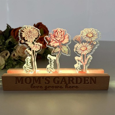 Personalized Mom's Garden Birth Flower 3D Crystal Acrylic LED Light With Children's Names For Mother's Day Gift