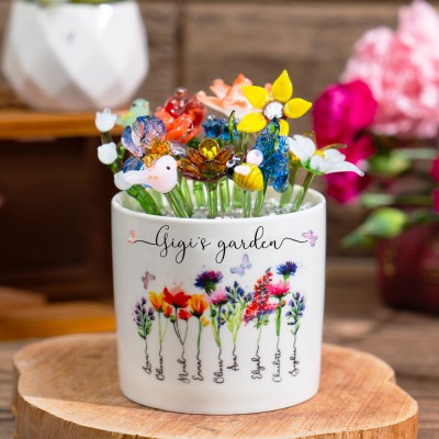 Custom Gigi's Garden Birth Flower Pot with Mini Glass Flower Spring Decoration Mother's Day Gift