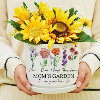 Personalized Mom's Garden Birth Month Flower Pot With kids Name For Mother's Day