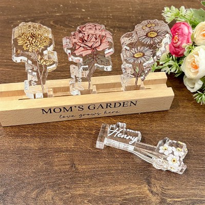 Personalized Mom's Garden Birth Flower 3D Crystal Acrylic LED Light With Children's Names For Mother's Day Gift