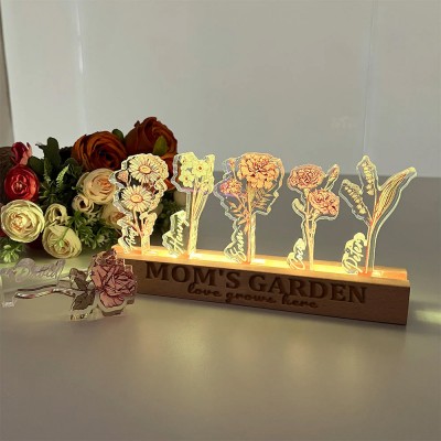 Personalized Mom's Garden Birth Flower 3D Crystal Acrylic LED Light With Children's Names For Mother's Day Gift