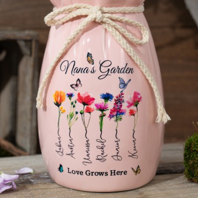 Custom Nanas Garden Birth Month Flower Vase With Grandchildren Name For Mother's Day Gift