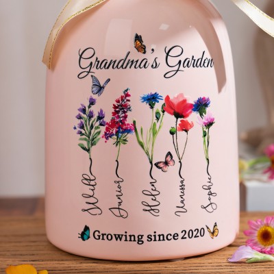 Custom Grandma's Garden Birth Month Flower Vase With Grandchildren Name For Mother's Day Gift