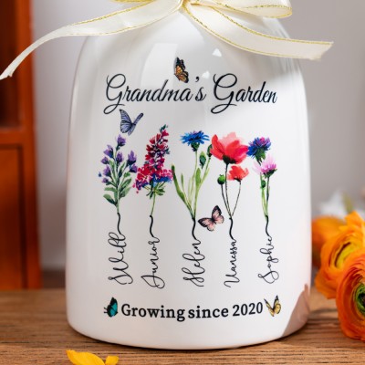 Custom Grandma's Garden Birth Month Flower Vase With Grandchildren Name For Mother's Day Gift